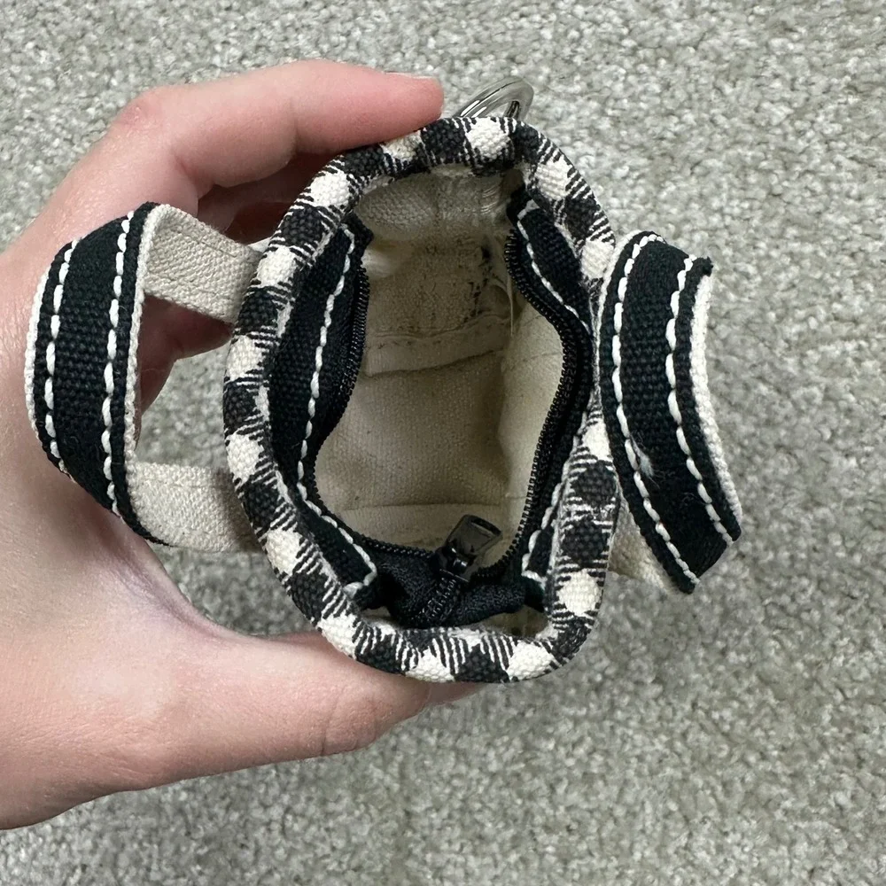 Lands' End Mini Tote Bag Keychain Black Natural Gingham Canvas Zipper Bag Charm